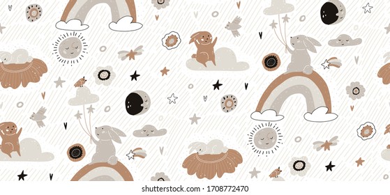 A cute bunny is sitting on a rainbow and holding balloons. The rabbit is sitting on a cloud. Scandinavian style seamless pattern with the childish pattern of hares, clouds, sun.