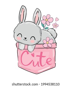 Cute Bunny sitting in a pink pocket with bouquet flower vector Sketch, Print Design Rabbit, children print on t-shirt.