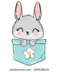 Cute Bunny sitting in a pocket with flower vector Sketch, Print Design Rabbit, children print on t-shirt.