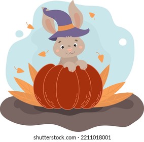 cute bunny sitting in a pumpkin, Happy Halloween. Autumn poster vector illustration