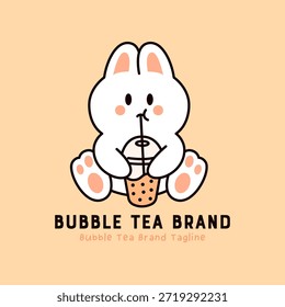 Cute bunny sitting and sipping bubble tea. Relaxed boba drink mascot for beverage brand and cafe.