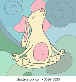 Cute bunny sitting in yoga lotus pose and relaxing, vector illustration