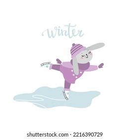 Cute bunny skates in the ice. Funny rabbit girl in winter clothes is figure skater. Happy cartoon animal, outdoor activity. Hand drawn vector illustration for kids, isolated on white. Flat design 