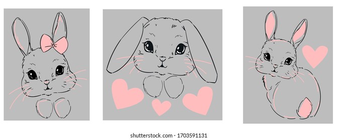 Cute Bunny. Sketch rabbit on a gray background with a pink heart. Print design for t-shirts, poster, banner, postcard. Childish vector illustration. 