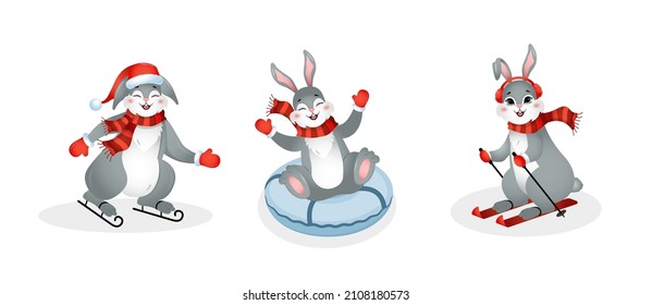 Cute bunny skiing, sledding, tubing, skating. Year of rabbit. Chinese New year 2023 symbol. Vector illustration in cartoon style. Design element for greeting cards, holiday banner, decor.