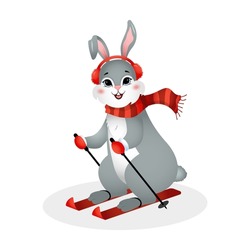 Cute Bunny Skiing. Year Of Rabbit. Chinese New Year 2023 Symbol. Vector Illustration In Cartoon Style. Design Element For Greeting Cards, Holiday Banner, Decor.