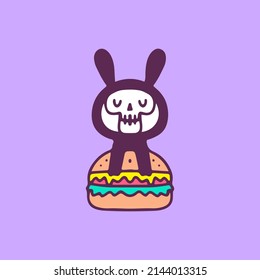 Cute bunny skull with cheeseburger, illustration for t-shirt, sticker, or apparel merchandise. With doodle, retro, and cartoon style.