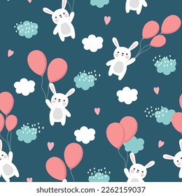cute bunny in the sky with bright balloons on a deep blue seamless background. Kids vector pattern with kawaii animals.