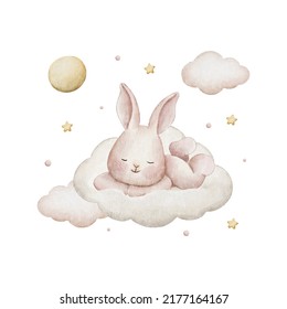 cute bunny sleep on the cloud watercolor illustration with isolated background