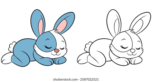 Cute Bunny Sleeping Cartoon Isolated Coloring Book For Kids On White Background Printable Outline Vector