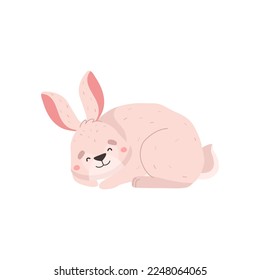 Cute bunny sleeping curled up in ball, cartoon flat vector illustration isolated on white background. Cheerful rabbit drawing, great for kids and nursery designs.