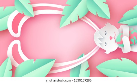 Cute bunny sleeping hug Eater egg in forest top view with place for your text space. Paper art design for Easter. paper cut and craft style. vector, illustration.