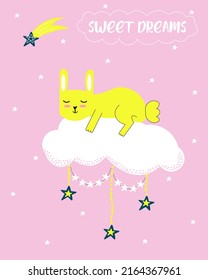 Cute bunny sleeping on a cloud with phrase Sweet dreams. Adorable bunny illustration for baby shower, nursery, kids room poster, wall art, card, invitaton.