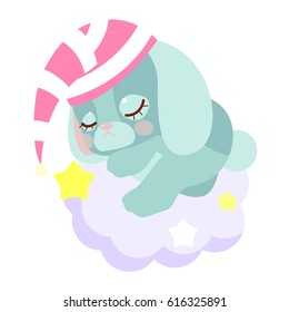 Cute bunny sleeping on a cloud. Children's character.