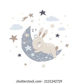 Cute bunny sleeping on the moon. Vector Illustration