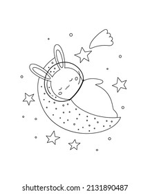 Cute bunny sleeping on moon. Kawaii cartoon rabbit. Hand drawn stars. Space theme. Black and white vector illustration for coloring book.