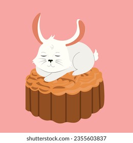 Cute bunny sleeping on a mooncake. Mid autumn festival greeting card