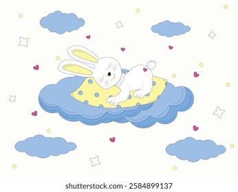cute bunny sleeping on a pillow on a cloud, background of hearts and clouds, little bunny, sleeping bunny