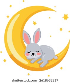 A cute bunny sleeping peacefully on a crescent moon, perfect for children’s art and night-themed designs.