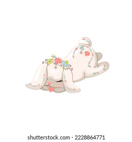 Cute bunny sleeping. Rabbit symbol of 2023. Isolate on a white background. Vector illustration.
