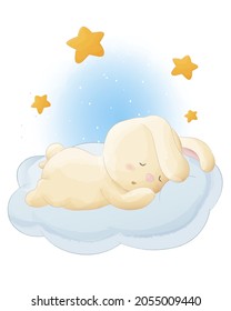 Cute bunny slepping illustration, watercolor animals Isolated on white background, for cover book, print, baby shower, nursery decorations, birthday invitations, poster, greeting card