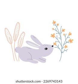 Cute bunny smells flowers. Rabbit in flowers and herbs, spring composition. Baby illustration with hare. Character hare and botanical elements, vector illustration