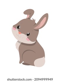 Cute bunny smile. Stickers and badges for children with rabbit. Charming mammal delighted to see. Character for greeting postcards. Cartoon flat vector illustration isolated on white background