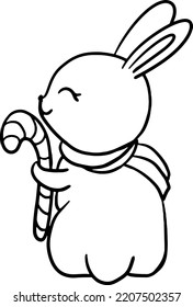 cute bunny sniffing sugar cane with closed eyes black lines
