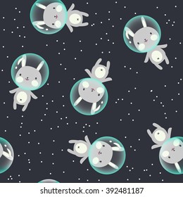 Cute bunny in space vector seamless pattern. Cartoon design.
