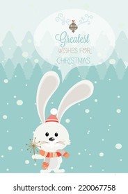 Cute bunny with speech bubble. Can be used for retro christmas card. Vector illustration.