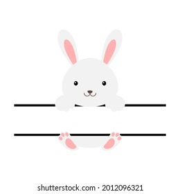 Cute bunny split monogram. Funny cartoon character for shirt, scrapbooking, print, greeting cards, baby shower, invitation, home decor. Bright colored childish stock vector illustration.