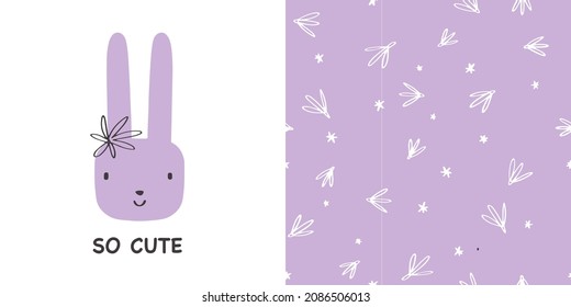  Cute Bunny, Spring Baby Girl Clothing Vector Print Design. Floral Ditsy Seamless Pattern, Short Sign And Rabbit Animal Character.