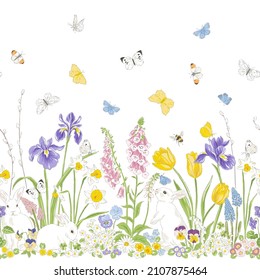 Cute bunny in Spring Bloomy flourish garden with many butterflies vector seamless border pattern. Vintage romantic nature hand drawn print. Cottage core aesthetic background.