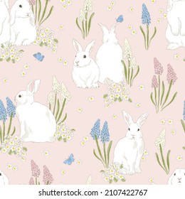 Cute bunny in Spring Bloomy garden with Hyacinth florals and blue butterfly vector seamless pattern. Vintage romantic nature hand drawn print. Cottage core aesthetic background.