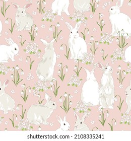 Cute bunny in Spring Bloomy garden with snowdrops and primrose florals vector seamless pattern. Vintage romantic nature hand drawn print. Cottage core aesthetic background.