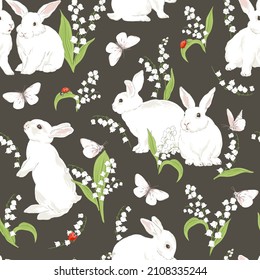 Cute bunny in Spring Bloomy garden with Lilies of the valley florals White butterfly Ladybug vector seamless pattern. Vintage romantic nature hand drawn print. Cottage core aesthetic background.