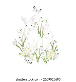 Cute bunny in Spring Bloomy garden with Snowdrops florals and butterfly hand drawn vector illustration isolated on white. Vintage delicate romantic nature print poster card