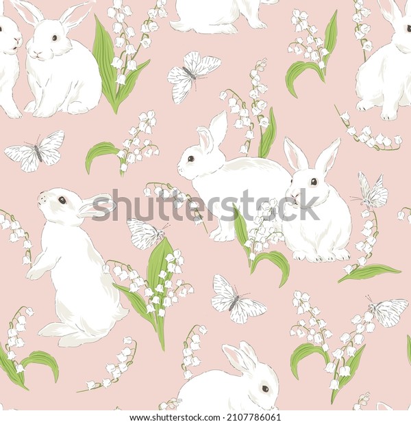 Cute bunny in Spring Bloomy garden with Lilies of the valley florals and white butterfly vector seamless pattern. Vintage romantic nature hand drawn print. Cottage core aesthetic background.