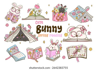 Cute bunny and Spring Bookish elements isolated on white background. Vector illustration.