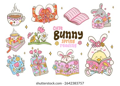 Cute bunny and Spring Bookish elements isolated on white background. Vector illustration.