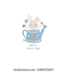 cute bunny and spring flowers in the pitcher