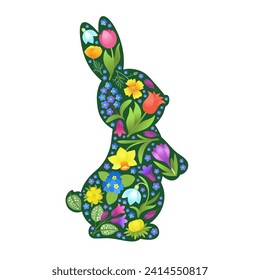 Cute bunny spring rabbit contour filled with flowers pattern. Springtime Easter bunny vector illustration. Whimsical spring flowers in silhouette of a rabbit. Easter holiday greeting cute design.