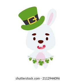 Cute bunny in St. Patrick's Day leprechaun hat holds shamrocks. Irish holiday folklore theme. Cartoon design for cards, decor, shirt, invitation. Vector stock illustration.