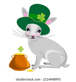 Cute bunny in St. Patrick's Day leprechaun hat. Irish holiday. Cartoon design for cards, decor, shirt, invitation, print, fashion, clothing, fabric, gift wrap, face mask. Vector illustration.