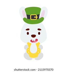 Cute bunny St. Patrick's Day leprechaun hat holds horseshoe. Irish holiday folklore theme. Cartoon design for cards, decor, shirt, invitation. Vector stock illustration.