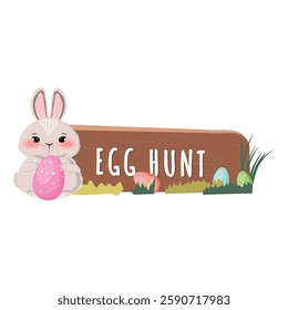 Cute bunny standing next to an egg hunt sign, holding a pink Easter egg, playful and charming