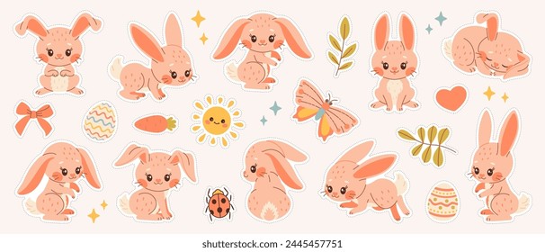 Cute Bunny sticker set. Hand drawn cartoon spring rabbits stickers with animals and floral decor. Modern flat Vector illustration