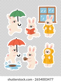 Adesivos bonitos de coelho em tempo chuvoso: segurando guarda-chuvas, vestindo capas de chuva, pulando em poças. Ideal para conjuntos de adesivos sazonais e registro