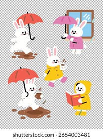 Adesivos bonitos de coelho em tempo chuvoso: segurando guarda-chuvas, vestindo capas de chuva, pulando em poças. Ideal para conjuntos de adesivos sazonais e registro