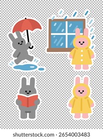 Adesivos bonitos de coelho em tempo chuvoso: segurando guarda-chuvas, vestindo capas de chuva, pulando em poças. Ideal para conjuntos de adesivos sazonais e registro